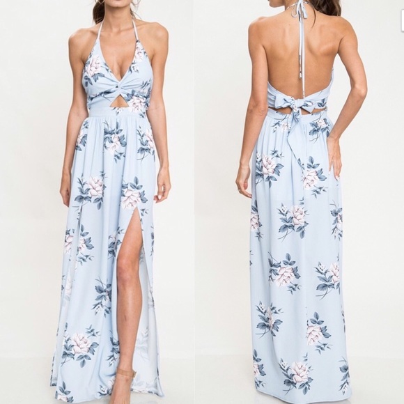 Dresses & Skirts - Floral Maxi Dress Slit Front Cutout Halter Blue